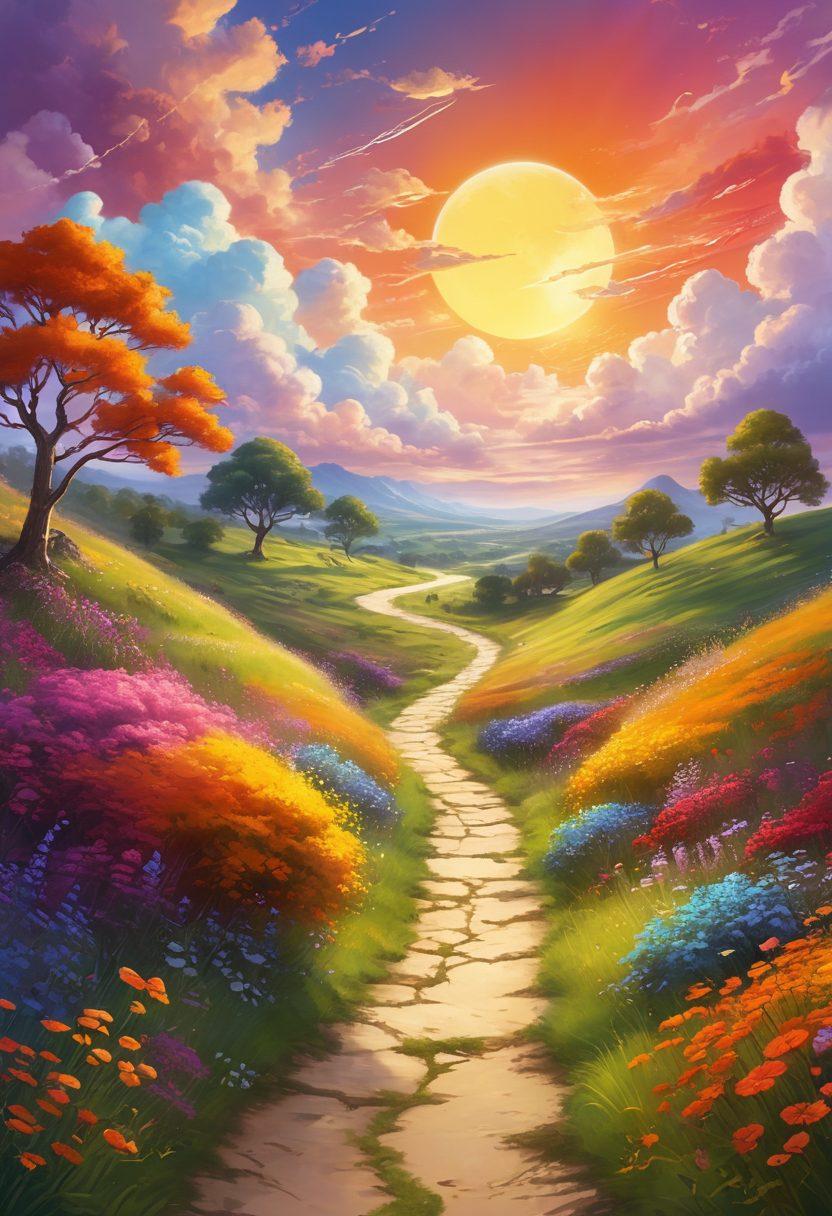 A vibrant path winding through a lush landscape, symbolizing a joyful journey, featuring elements like happy people discovering media downloads on their devices. Include bright colors representing excitement and ease, with whimsical clouds and a glowing sun, creating an uplifting atmosphere. Incorporate subtle elements of technology, like downloading icons floating in the air. digital painting. vibrant colors. whimsical style.