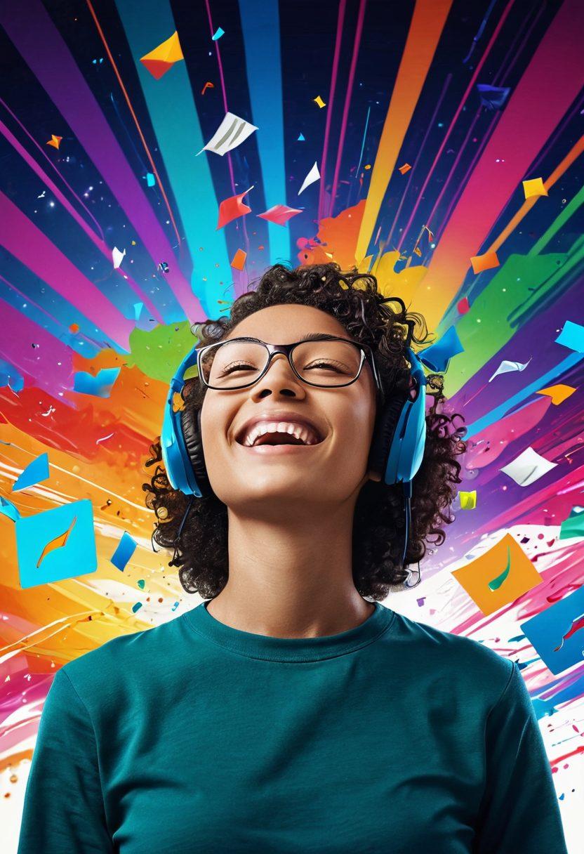A vibrant digital landscape illustrating a joyful person surrounded by floating Nutorrent files, symbolizing media downloads. The background features a colorful burst of light and music notes, evoking the feeling of bliss. Incorporate elements representing videos, music, and games, merging seamlessly with the person's happiness. The scene should be full of energy and optimism, inviting viewers into a world of enhanced media enjoyment. super-realistic. vibrant colors. dynamic composition.