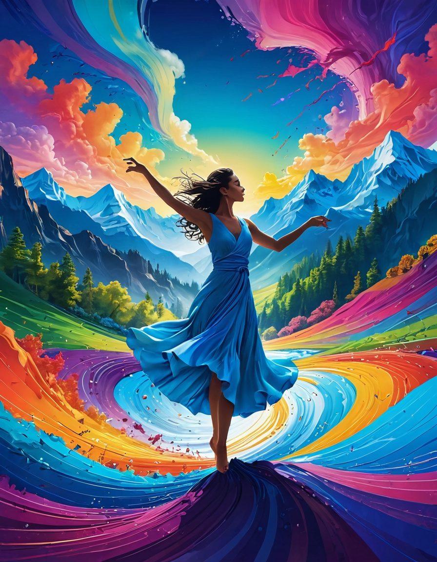 A vibrant digital landscape showcasing a swirling torrent of color and light, symbolizing the concept of blissful torrenting. Include a joyful person dancing amid the torrent of data streams, with a backdrop of serene mountains and a clear blue sky. The atmosphere is filled with dynamic energy, highlighting a sense of euphoria. Incorporate elements like music notes and playful symbols to enhance the feel of ecstasy. vibrant colors. 3D. abstract.